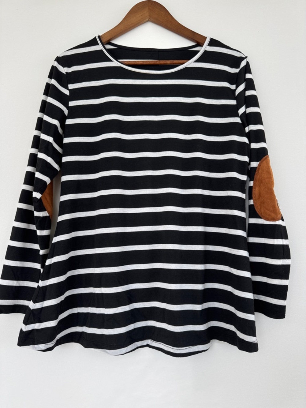 Black & White Striped Elbow Patch Long-Sleeve Top